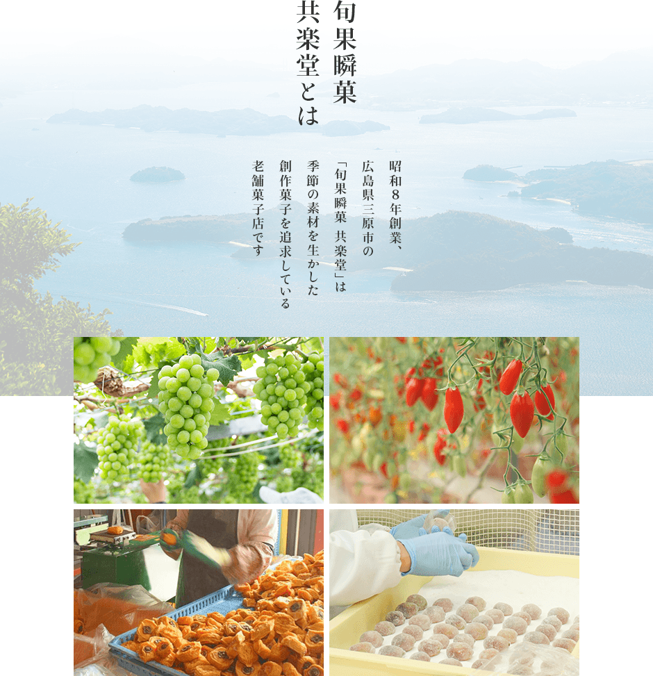 旬果瞬菓共楽堂とは 昭和8年創業、広島県三原市の「旬果瞬菓 共楽堂」は季節の素材を生かした創作菓子を追求している老舗菓子店です
