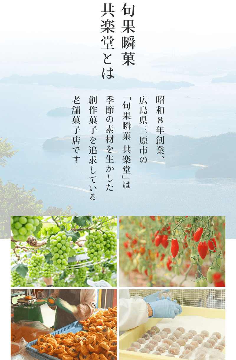 旬果瞬菓共楽堂とは 昭和8年創業、広島県三原市の「旬果瞬菓 共楽堂」は季節の素材を生かした創作菓子を追求している老舗菓子店です